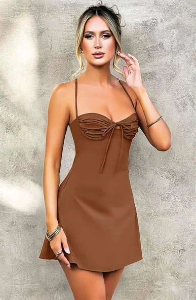 Closet Özel Tasarım İnce Askılı Sırt Dekolteli Kahverengi Mini Saten Gecelik ürün görseli 1