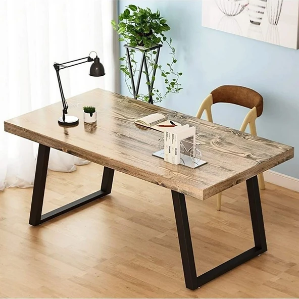 Ahşap Masif Ağaç Doğal Çalışma Masası Demir Iskelet Ofis Masası 100 x 200 ürün görseli 1