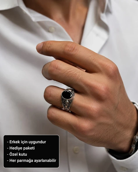 Skull Noir Onyx Men's Ring Kuru Kafa Siyah Oniks Erkek Yüzüğü ürün görseli 1