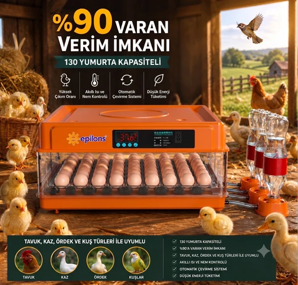 Tam Otomatik Kuluçka Makinesi 130 Yumurta Kapasiteli - Akıllı Isı ve Nem Kontrollü, Ayarlanabilir Viyol, Otomatik Su Sistemli ürün görseli 1