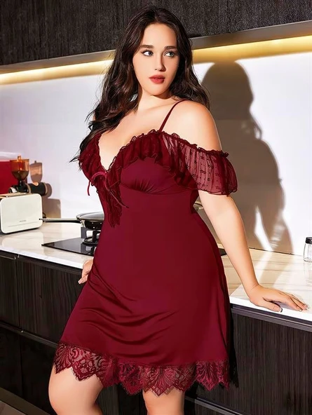 Closet Büyük Beden Bordo Dantel İşlemeli İnce Askılı Gecelik ürün görseli 1