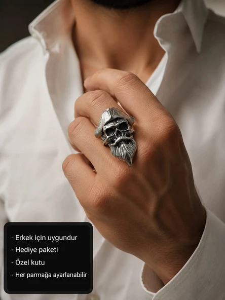 Captain Skull Ring – Vintage Pirate Adjustable Men's Ring Kaptan Kuru Kafa Erkek Yüzüğü ürün görseli 1