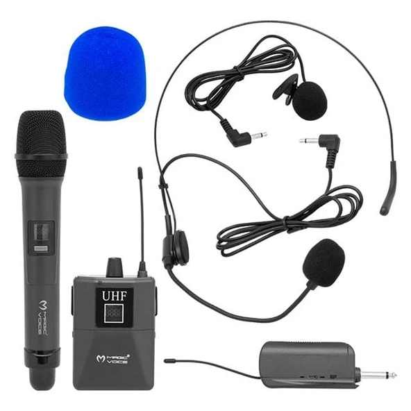 MagicVoice MV-1305YE UHF 1 EL + 1 Yaka + 1 Kafa Ekranlı Kablosuz Telsiz Mikrofon ürün görseli 1