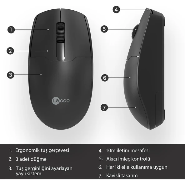 WS204 Kablosuz 1200DPI 3 Tuşlu Optik Siyah Mouse - Resim 3