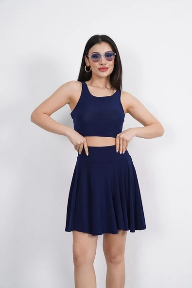 Sendy Kumaş Bisiklet Yaka Crop Şortlu Etek İkili Takım - Lacivert ürün görseli 1