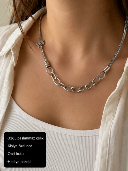 316L Paslanmaz Çelik Zincir Detaylı Modern Halka Kadın Kolye ürün görseli 1