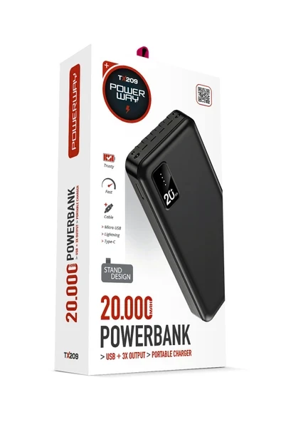 Powerway TX209 20.000 Mah Hızlı Şarj Desteği Powerbank Iphone-Type C - Micro Usb - Lightining Tüm Modellere Uyumlu Powerbank Siyah ürün görseli 1