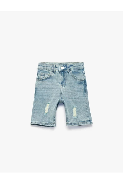 Koton Erkek Çocuk Pamuklu Yıpratılmış Detaylı Düğmeli Cepli Bermuda Denim Şort ürün görseli 1