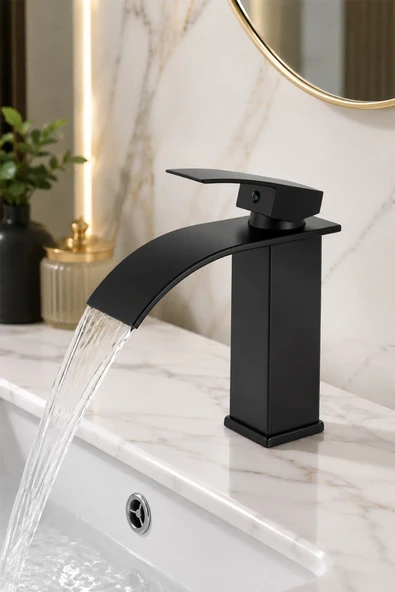 Siyah Şelale Lavabo Bataryası  Mat Siyah Kare Banyo Lavabo Musluğu Paslanmaz Gövde Tek Kollu Sıcak Soğuk Batarya ürün görseli 1