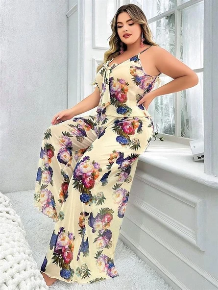 Closet Özel Tasarım Büyük Beden Çiçek Desenli İnce Askılı 2'li Pijama Takımı ürün görseli 1