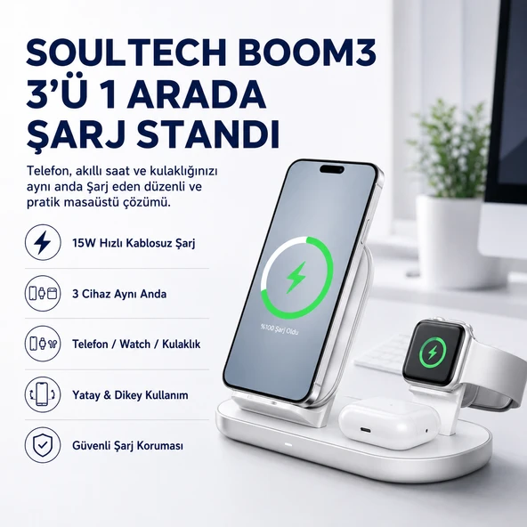 15W 3-in-1 Kablosuz Şarj İstasyonu – Telefon, Apple Watch ve Kulaklık için Qi Wireless Charging Stand ürün görseli 1