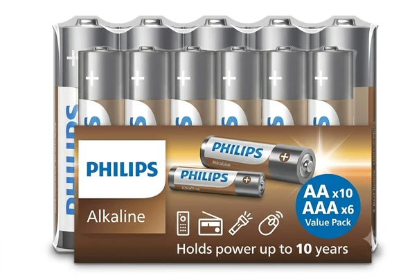 Philips Alkalin Aa Kalem - Aaa Ince Kalem Pil 1.5V - LR036A16F/10 - 10XAA - 6xAaa 16'lı Paket ürün görseli 1