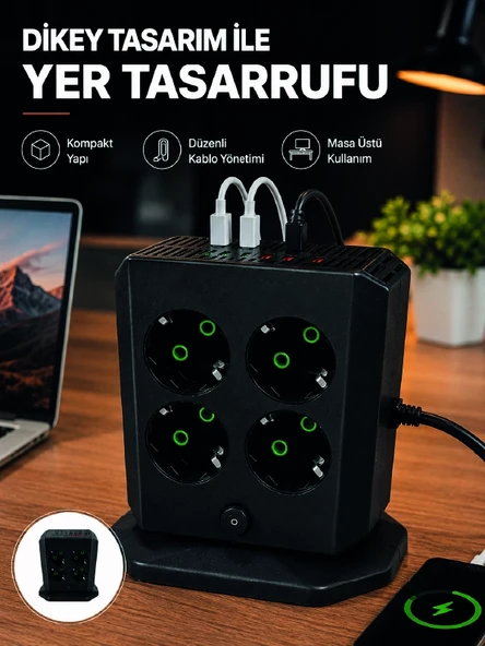 Dikey Priz Kulesi 8 Ac Priz 4 Usb 2 Type-c Çocuk Korumalı Güç Dağıtıcı ürün görseli 1
