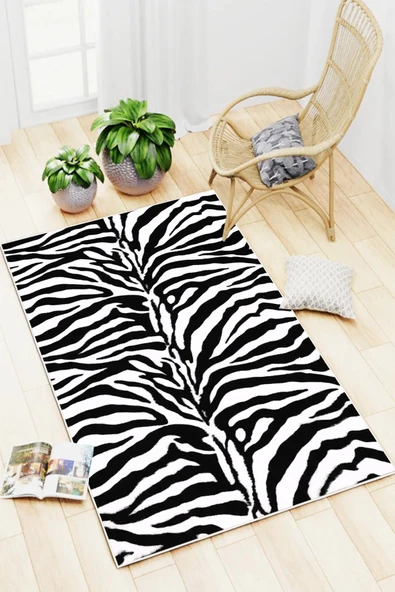 Zebra Desenli Dijital Baskılı Kaymaz Yıkanabilir Salon Oturma Odası Antre Mutfak Halısı Yolluk ürün görseli 1