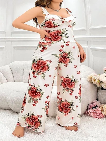 Closet Büyük Beden Gül Desenli İnce Askılı Beyaz Salaş 2'li Takım ürün görseli 1