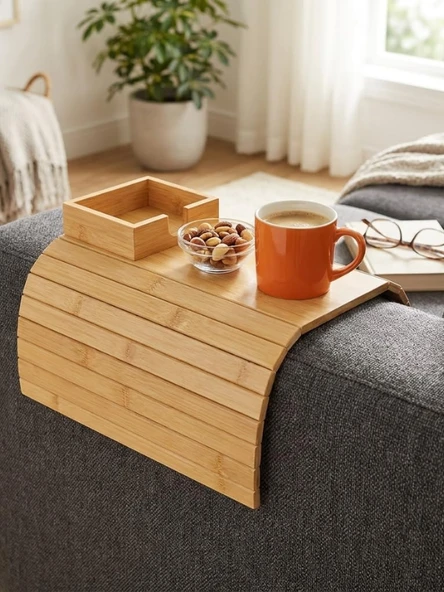 Mucit Home Bambu Koltuk Kenarı Tepsisi ve Organizer Katlanabilir Bölmeli Ahşap Kanepe Yanı Sehpa, Bardaklık ve Kumandalık ürün görseli 1