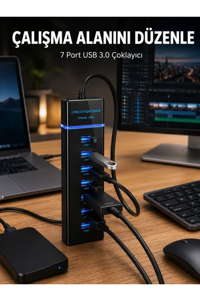 7 Girişli USB 3.0 Hub 5Gbps LED Göstergeli USB Çoğaltıcı ürün görseli 1