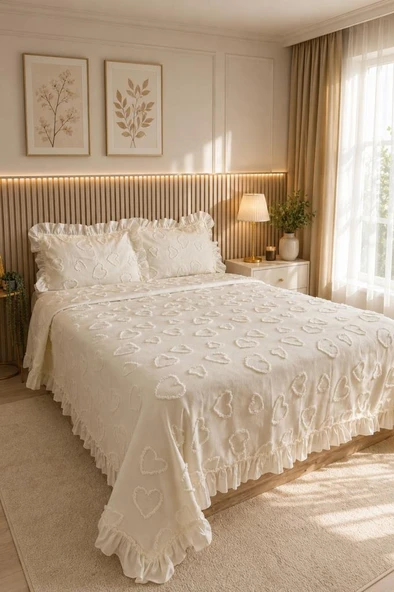 Çeyiz Diyarı Ruffle Pure Love 3 Parça Çift Kişilik Pike Takımı Krem ürün görseli 1