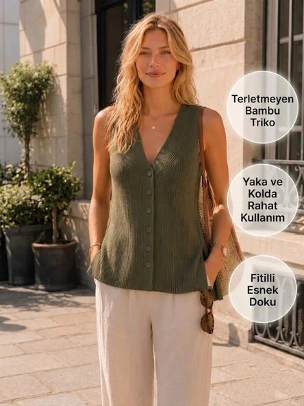Kadın V Yaka Düğmeli Fitilli İnce Bambu Merserize Yelek (Haki Renk) ürün görseli 1