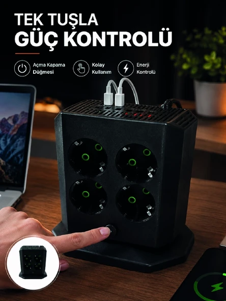 Akım Korumalı 8'li Dikey Priz 4 Usb 2 Type-c Hızlı Şarj Destekli Çoklu Priz ürün görseli 1