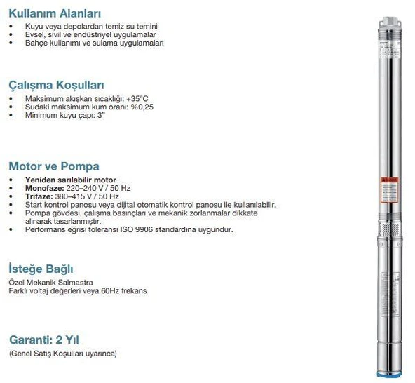 Alarko 3SBM2/39, 1,5 HP - 220 V Dalgıç Pompa - Resim 2