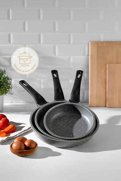 Gri 3 Parça Alüminyum Döküm Granit Tava Takımı ürün görseli 1