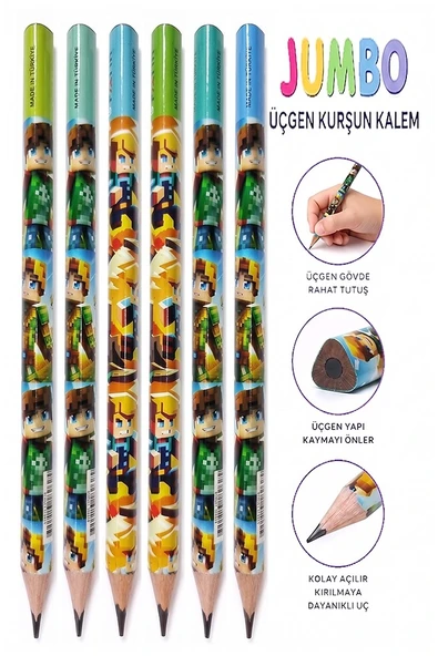 Mine Craft Jumbo Kurşun Kalem 6 Adet Fatih Üçgen Başlangıç Kalemi Siyah İlk Kalemim Jumbo Kalın Kalem Kolay Tutuş ürün görseli 1