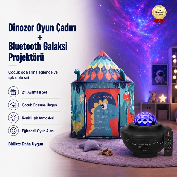 Dinozor Temalı Çocuk Oyun Çadırı ve Bluetooth Galaksi Projektörü Eğlence Seti ürün görseli 1