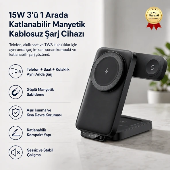 15W 3'ü 1 Arada Katlanabilir Manyetik Kablosuz Şarj Cihazı Telefon Akıllı Saat ve TWS Kulaklık Şarj Standı ürün görseli 1