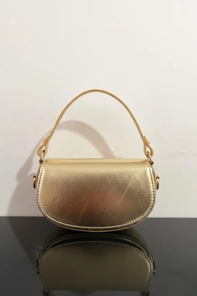 NEP Milano Gold Mini Kadın El & Omuz Çantası – Metallic Parlak Baguette Model Şık Davet Çantası ürün görseli 1