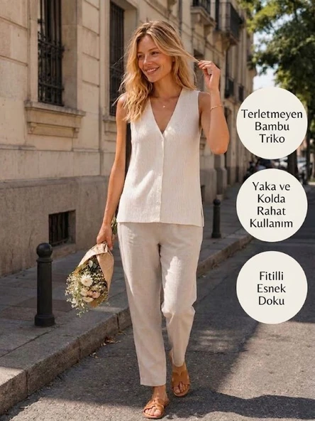 V Yaka Düğmeli Fitilli İnce Bambu Merserize Yelek (Beyaz Renk) ürün görseli 1