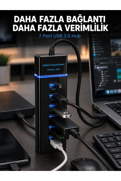 7 Port USB 3.0 Hub 5Gbps Süper Hızlı USB Çoklayıcı ürün görseli 1