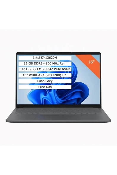 LENOVO IdeaPad Slim 3 83K2001WTR FHD+ 1920x1200 Luna Grey Intel Core i7-13620H 16 GB RAM 512 GB SSD 16" Freedos ürün görseli 1