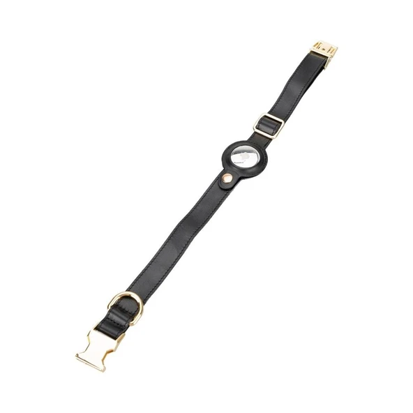 Gerçek Deriden El Yapımı Köpek Tasması, Apple AirTag Uyumlu Yuva, 50cm Ayarlanabilir Ölçü, Parlak Siyah ürün görseli 1