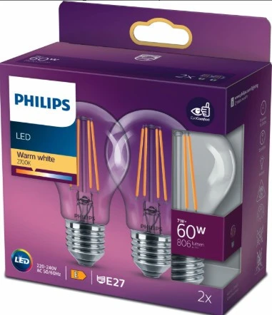 Philips LED Classic Şeffaf Filament Ampul 7W 806Lum 2700K Sarı Işık A60 E27 (60W) 2'li Paket ürün görseli 1