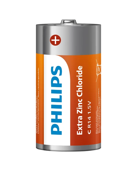 Philips Extra Zinc Chloride C Boy Orta Boy Pil 1.5V - R14L2F/10 - 2'li Naylon Paket ürün görseli 1