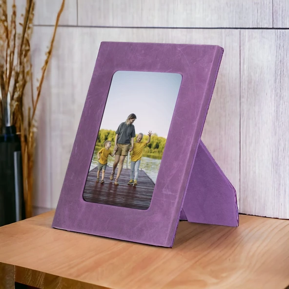 Gerçek Deri Masaüstü Fotoğraf Çerçevesi, 22x17cm (15x10 foto) Antik Mor ürün görseli 1