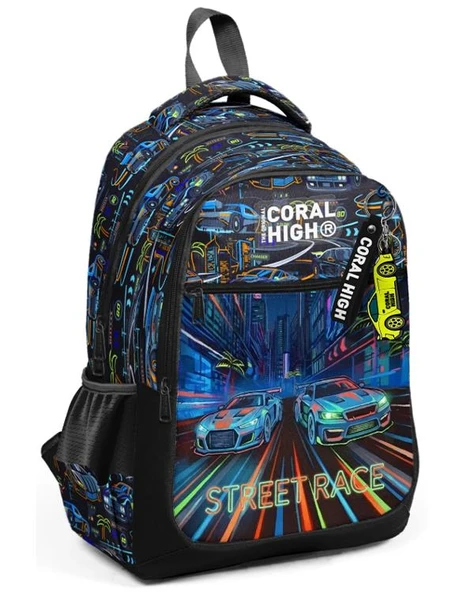 Coral High Renkli Yarış Arabası Desenli Üç Bölmeli Okul Sırt Çantası 33259 ürün görseli 1