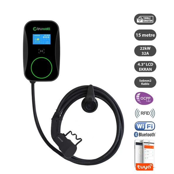 Truwatt ZTD615 22kW Duvar Tipi Elektrikli Araç Şarj Cihazı 32A/380V (15 metre) ürün görseli 1
