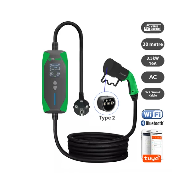 Truwatt ZT220 3.5kW Taşınabilir Elektrikli Araç Şarj Cihazı 16A/220V (20 metre) ürün görseli 1
