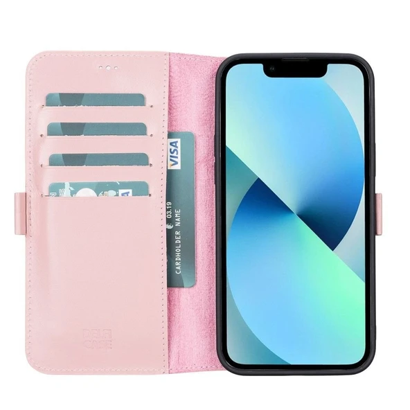 Apple iPhone 13 Pro Max Uyumlu Deri Cüzdanlı Kılıf Toz Pembe ürün görseli 1