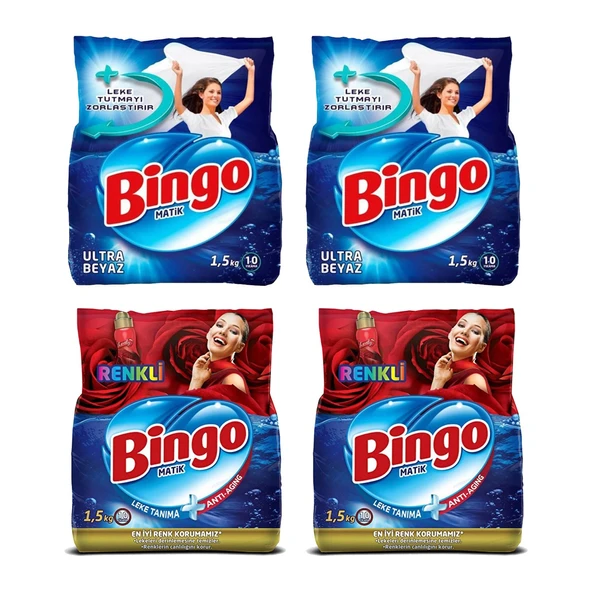 Bingo Ultra Beyaz ve Renkli Toz Çamaşır Deterjanı 1,5 kg 4 lü Karma Paket ürün görseli 1
