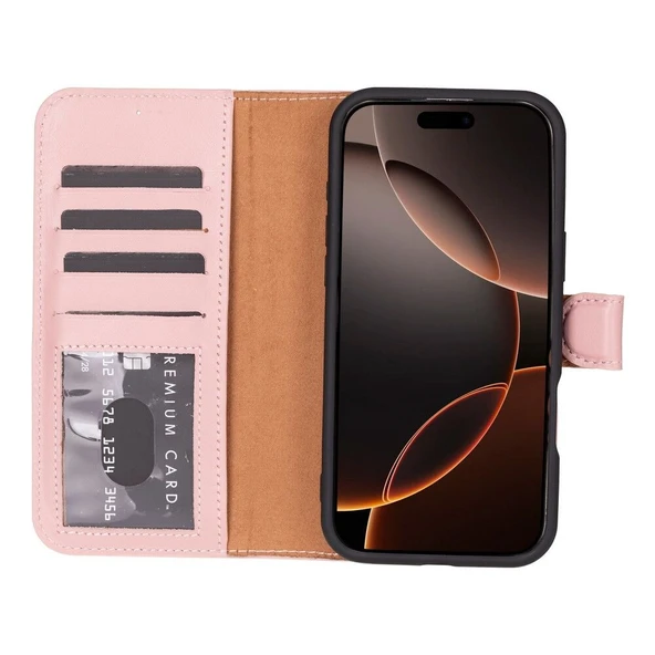 Cüzdan Taşıma Derdi Olmadan – iPhone 16 Pro Uyumlu Hakiki Deri El Yapımı Kart Yuvalı Kılıf (Toz Pembe) ürün görseli 1