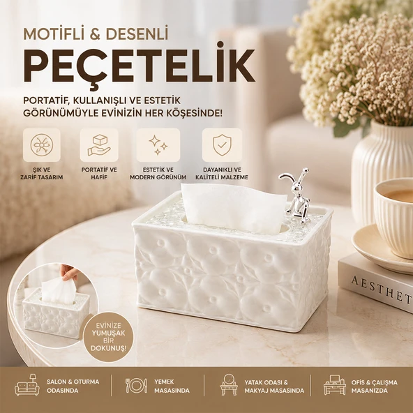 18.4X12.5X9CM BEYAZ YAYLI MASAÜSTÜ DEKORATİF DİKDÖRTGEN PEÇETELİK (5224) ürün görseli 1