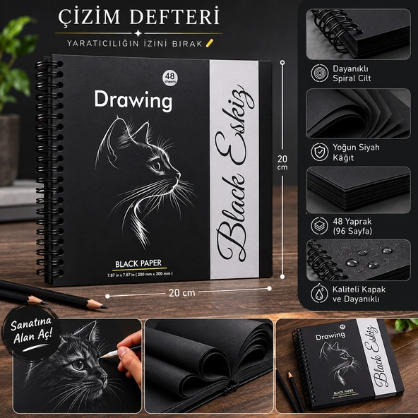 DreamArt Galery Black Eskiz Defteri 20x20 cm Siyah Kağıt Çizim Defteri 48 Yaprak, Black Paper Sketchbook ürün görseli 1