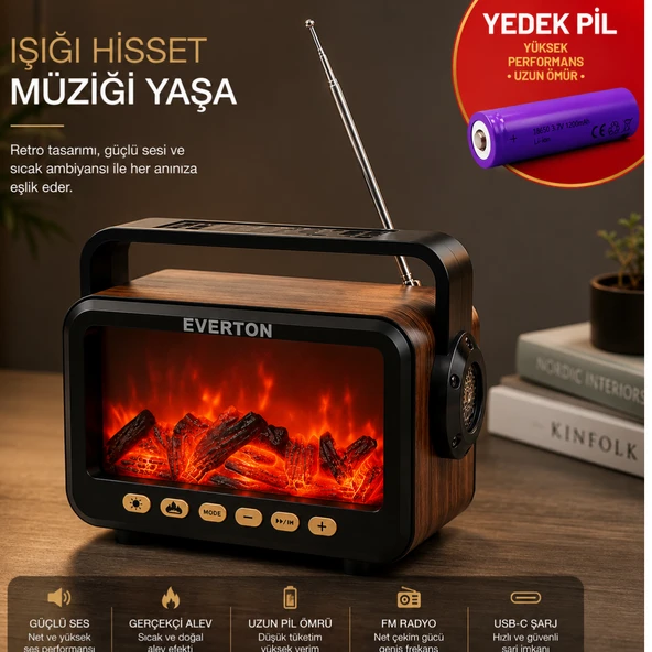 Everton RT-734 Retro Tasarımlı Şömine Efektli Solar El Fenerli Bluetooth Hoparlör & FM Radyo(YEDEK PİLİ) ürün görseli 1