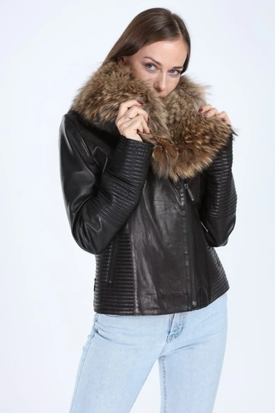 Hakiki Deri Tilki Model Kadın Siyah Ceket - Resim 2