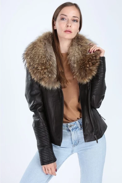 Hakiki Deri Tilki Model Kadın Siyah Ceket - Resim 6