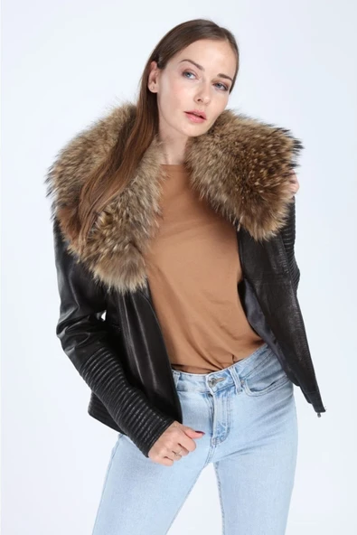 Hakiki Deri Tilki Model Kadın Siyah Ceket - Resim 5