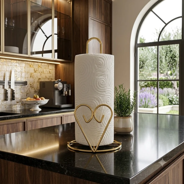 Kalp Detaylı Gold Metal Kağıt Havluluk - Tezgah Üstü - Mutfak/Banyo ürün görseli 1